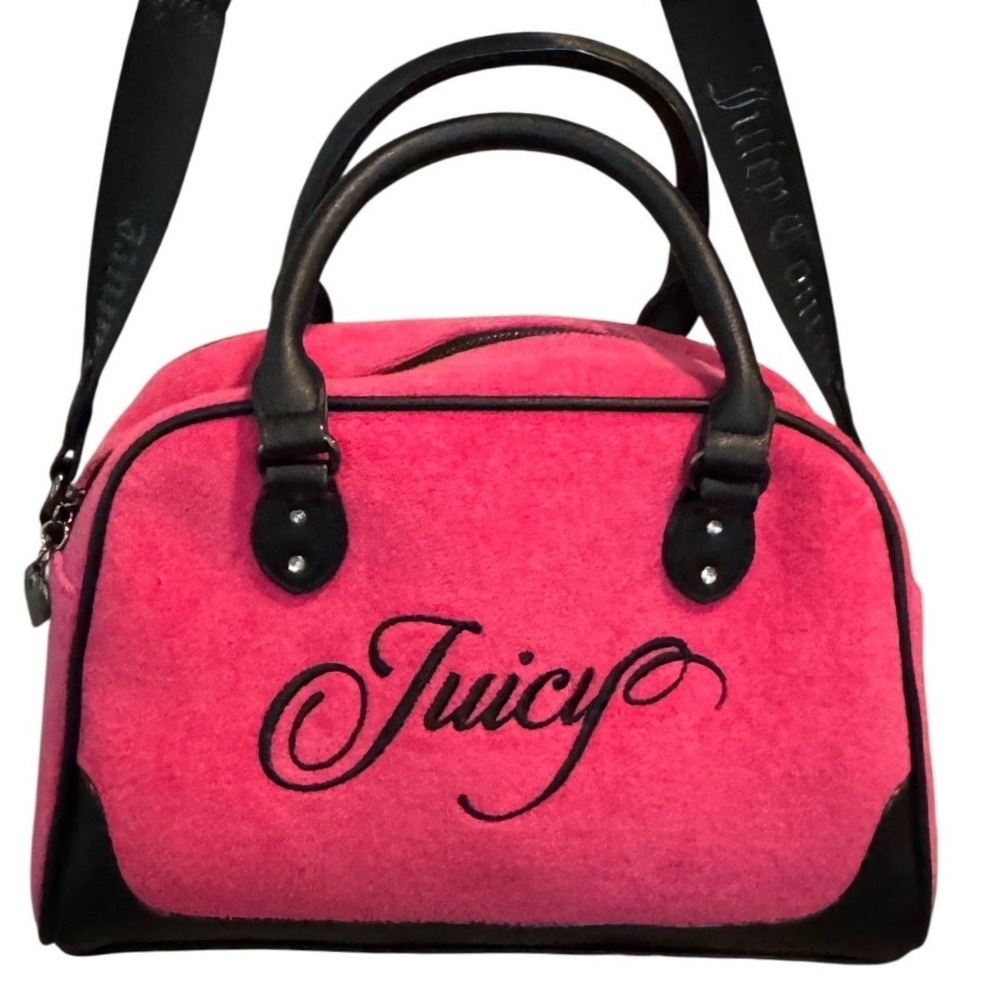 Juicy Couture Y2K Pink Purse Velour Bowler Bag Crossbody Heart Charm Rising Star